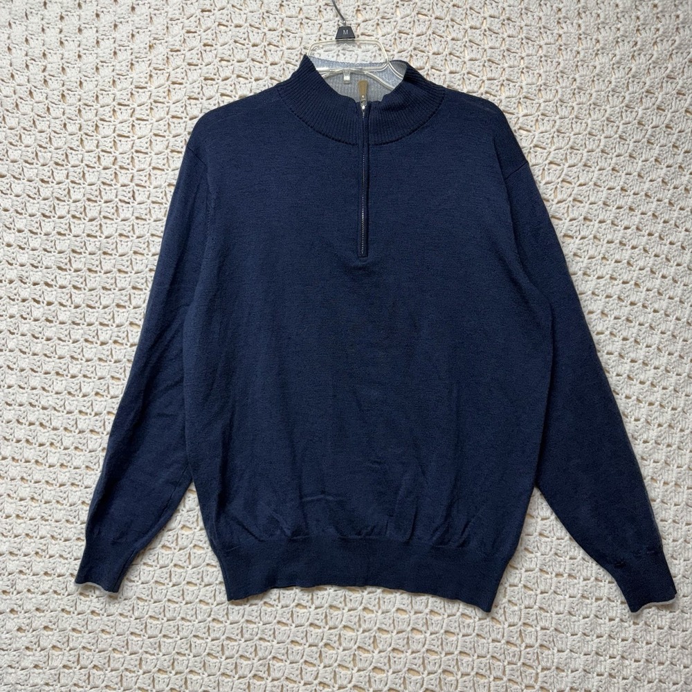 Peter Millar Sweater Pullover Mens M Navy Blue 1/4 Zip Merino Wool Linen Nylon